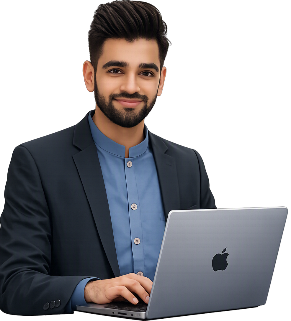 Muhammad working on a laptop